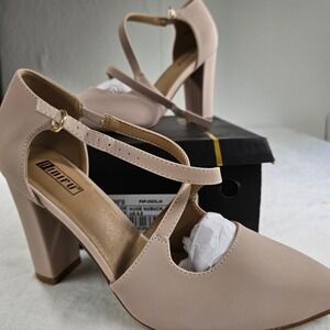 IDIFU Women Nude Nubuck Block‎ Heels Pointed Toe Crisscross Strap Pumps Size 9.5